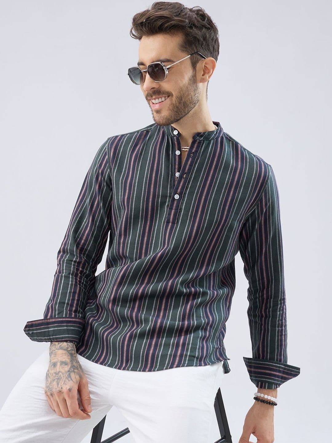 VASTRADO Premium Cotton Striped A-Line Above Knee Kurta - view 1