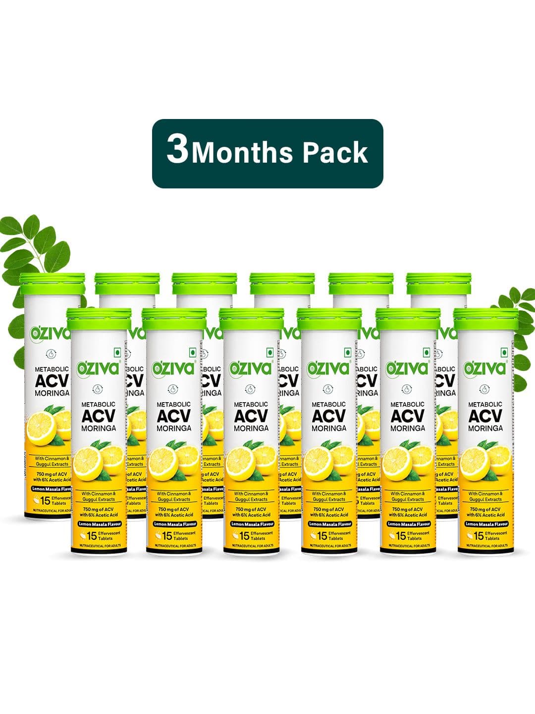 OZiva 12Pcs Lemon Masala Flavour Metabolic ACV Moringa 15 Tablets Each To Control Cravings - view 1