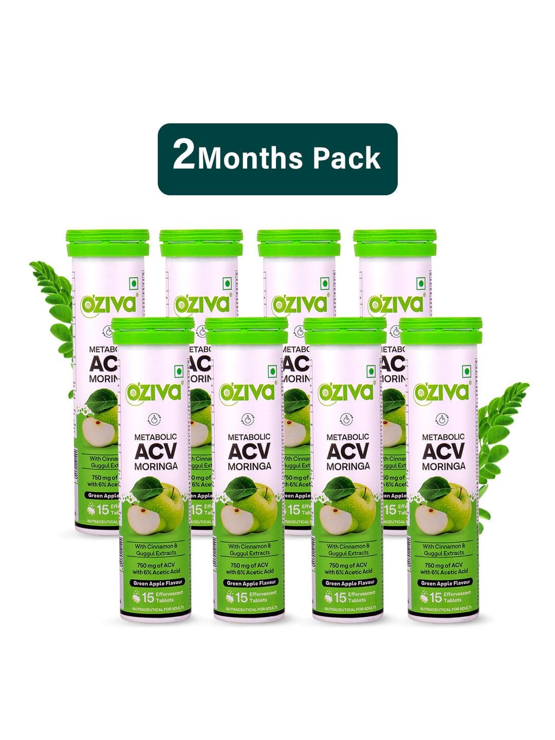 OZiva Set Of 8 Green Apple Flavour Apple Cider Vinegar ACV Moringa Tablets - 15 Tabs Each - view 1