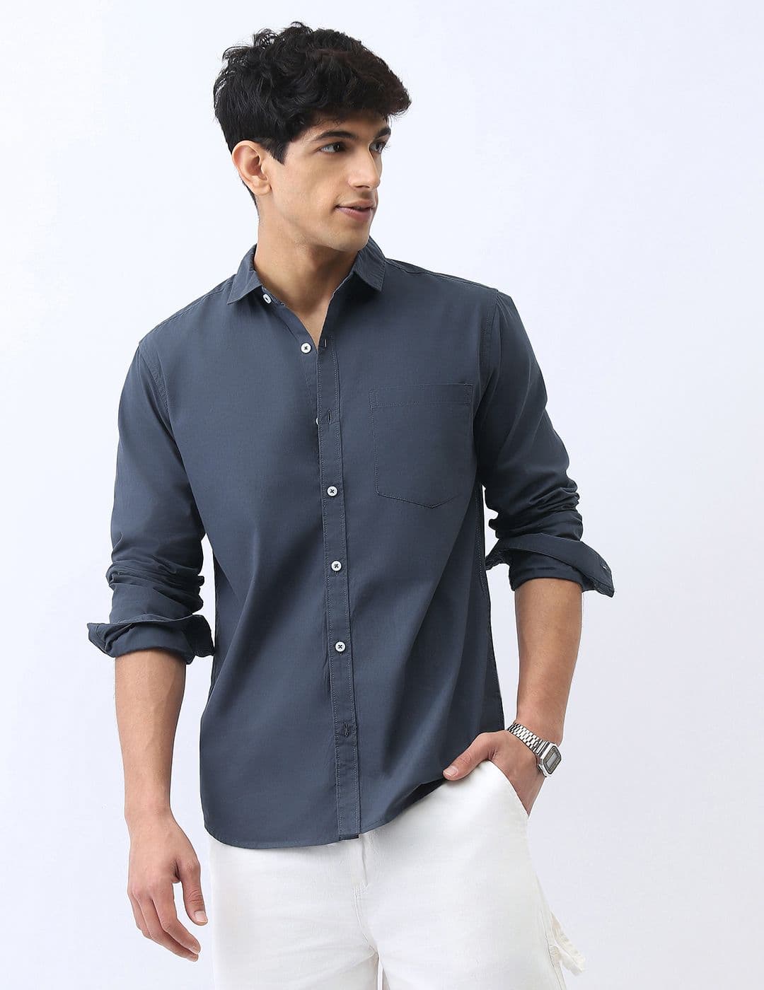 Urbano Fashion Men Slate Blue Cotton Full Sleeve Regular Fit Casual Solid Shirt - view 1