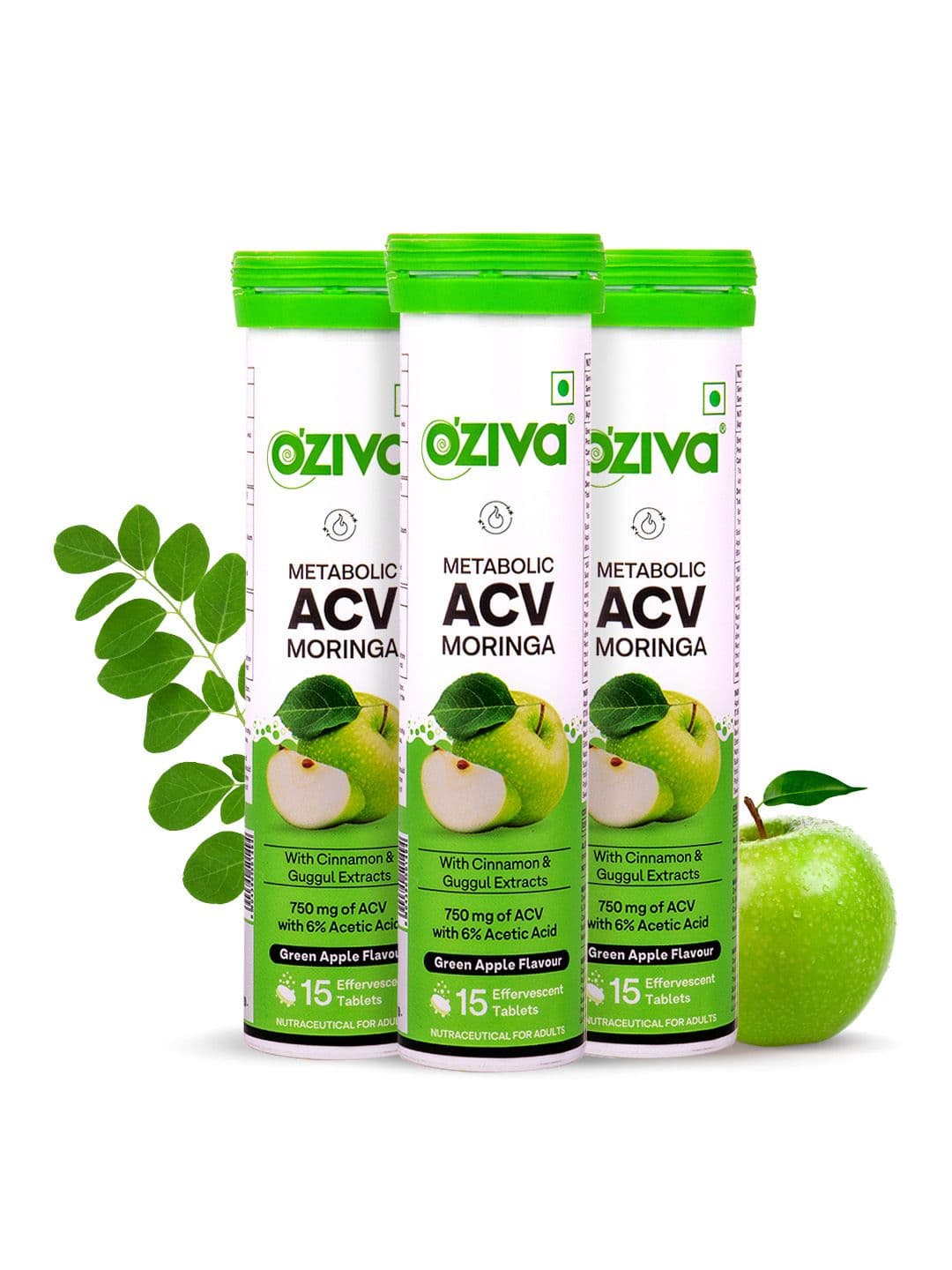 OZiva 3 Pcs Green Apple Flavour Metabolic ACV Moringa 15 Tablets Each To Control Cravings - view 1