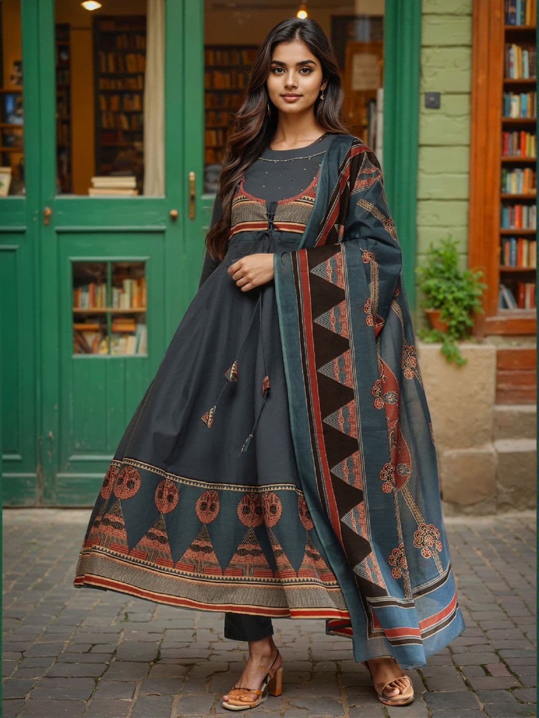 GULMEHAK Ethnic Motifs Printed Pure Cotton Anarkali Kurta With Trousers & Dupatta - view 1
