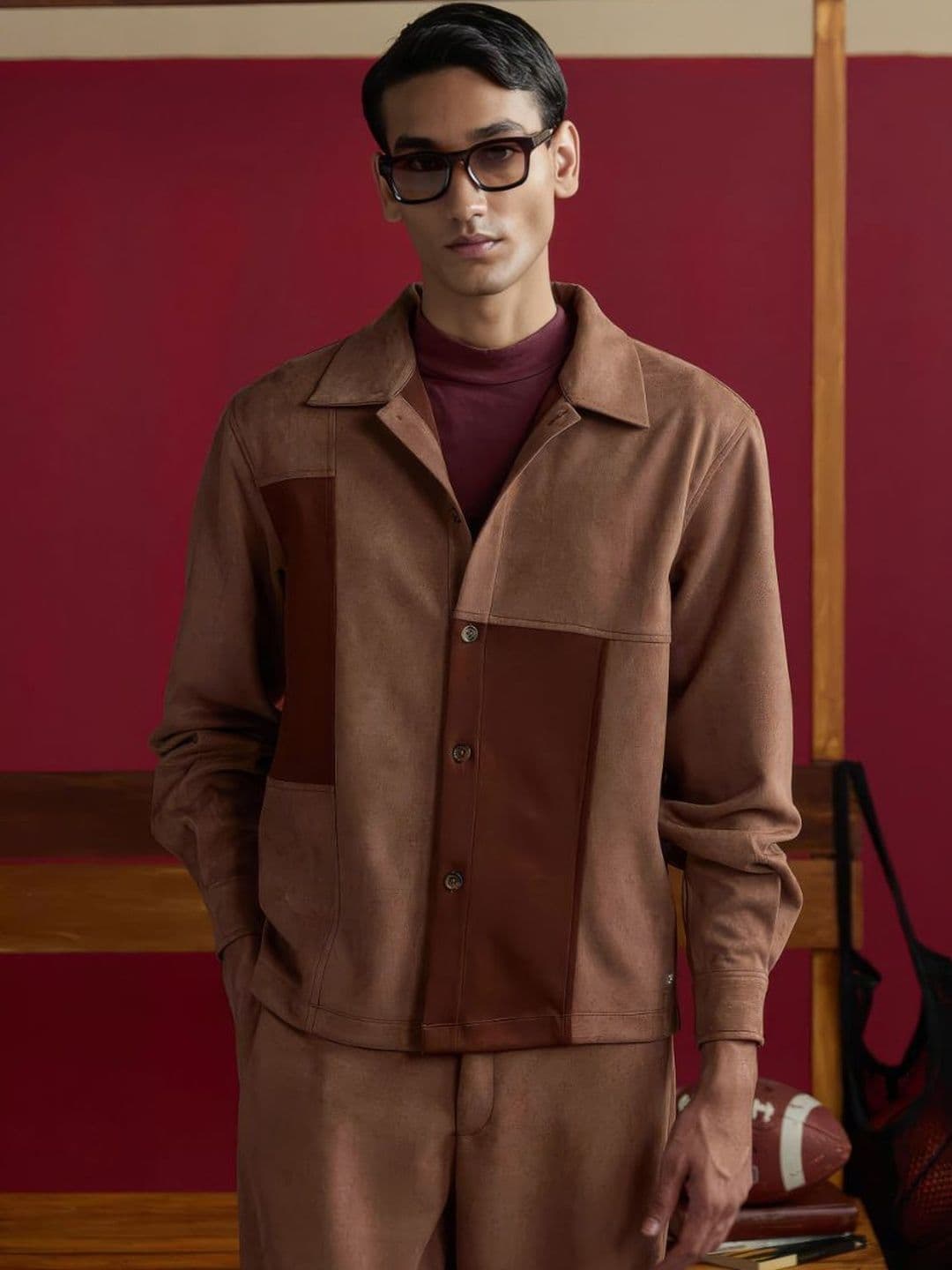 Muvazo Men Colourblocked Suede Fashion with Patchwork Jacket - view 1