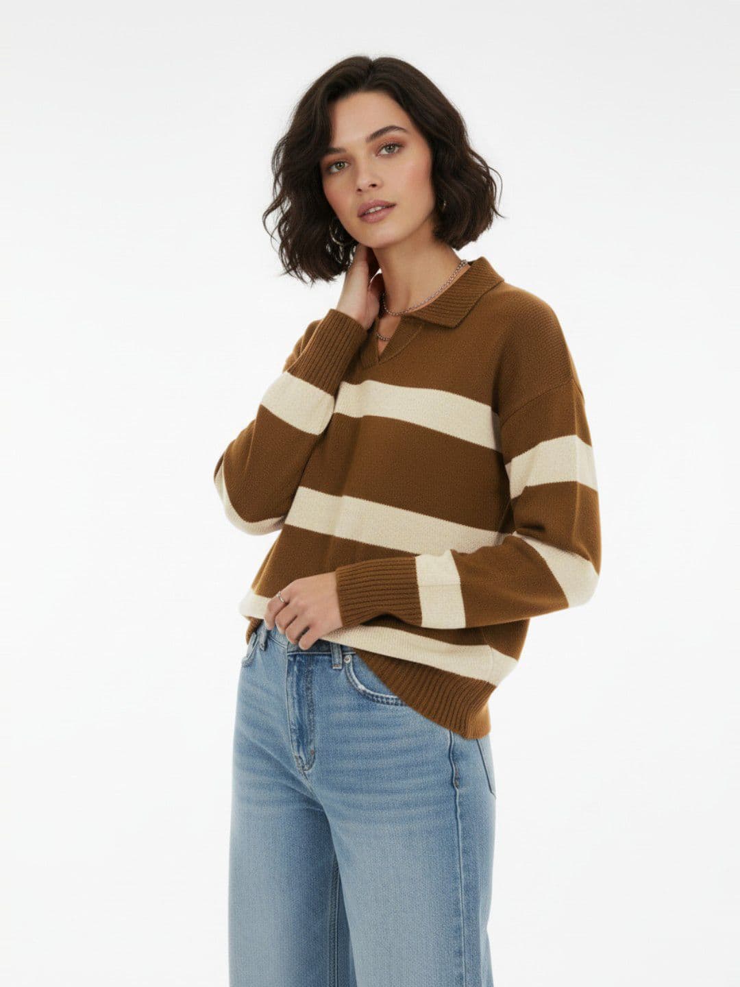 glitchez Self Striped Polo Collar Oversized Pullover - view 1