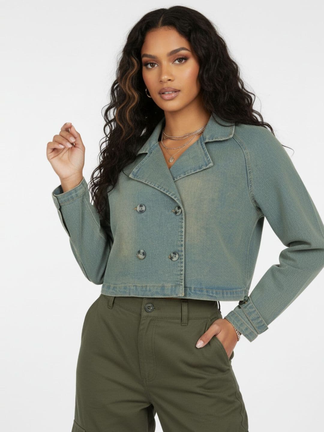 glitchez Notched Lapel Crop Denim Jacket - view 1