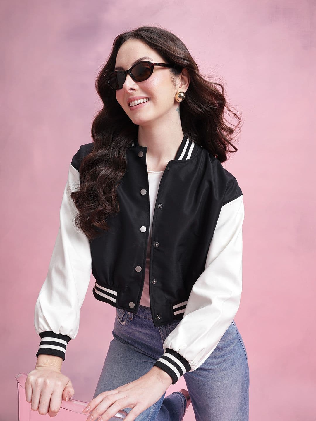 DressBerry Colourblocked Cropped Varsity Jacket - view 1