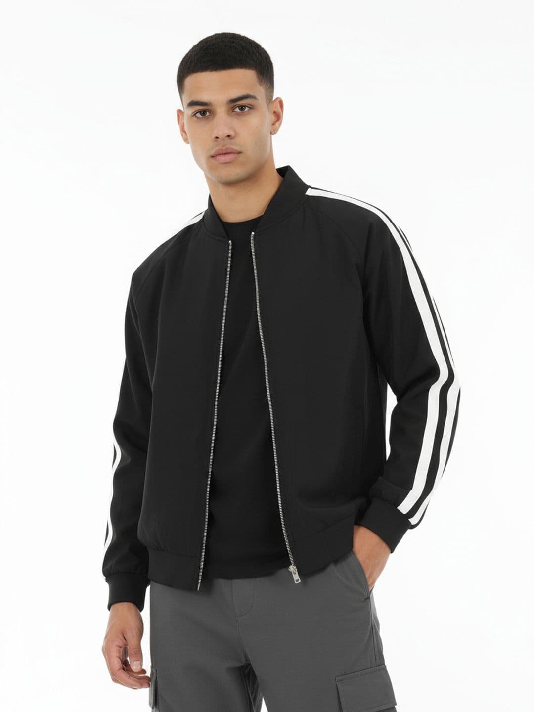 glitchez Stand Collar Bomber Jacket with Side Stripes - view 1