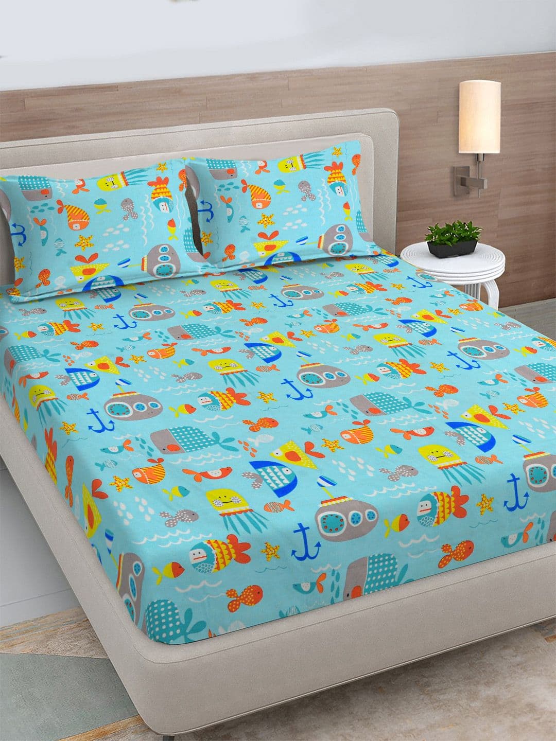 FABINALIV Rose Garden Blue Polycotton 300 TC King Bedsheet with 2 Pillow Covers - view 1