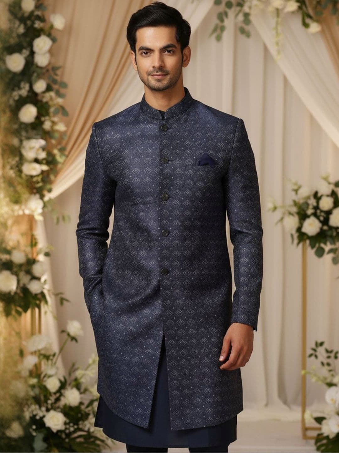 KISAH Men Woven Design Kurta Indowestern Sherwani Trouser Set - view 1