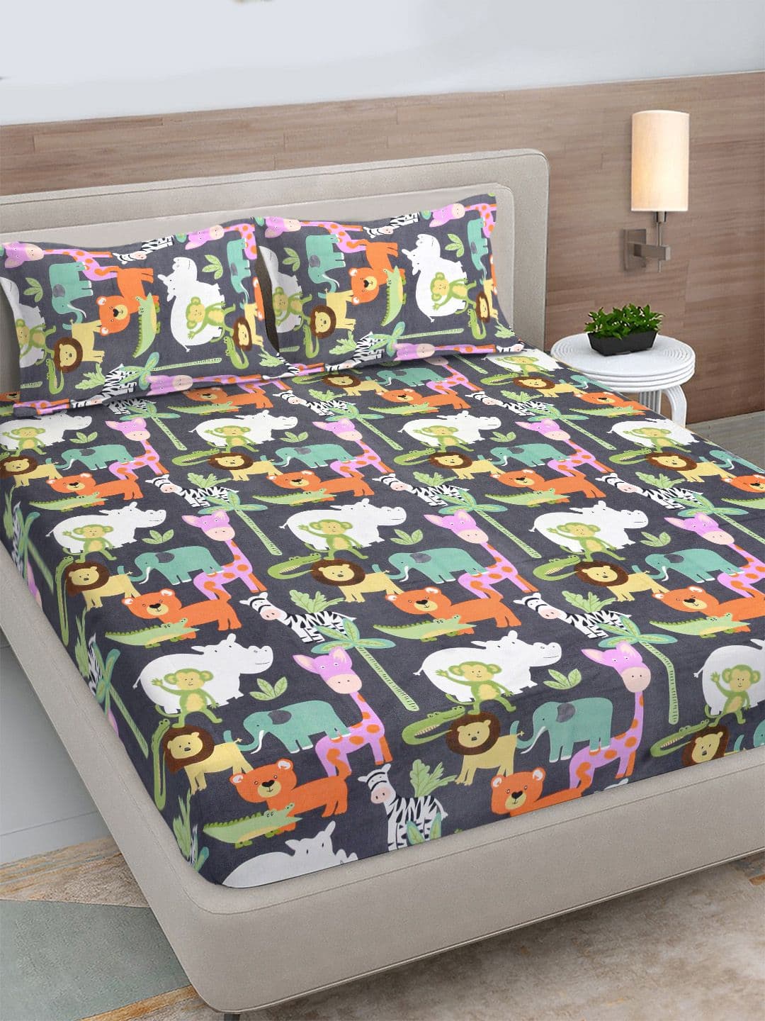 FABINALIV Grey Cartoon Print Polycotton 300 TC King Fine Bedsheet with 2 Pillow Covers - view 1