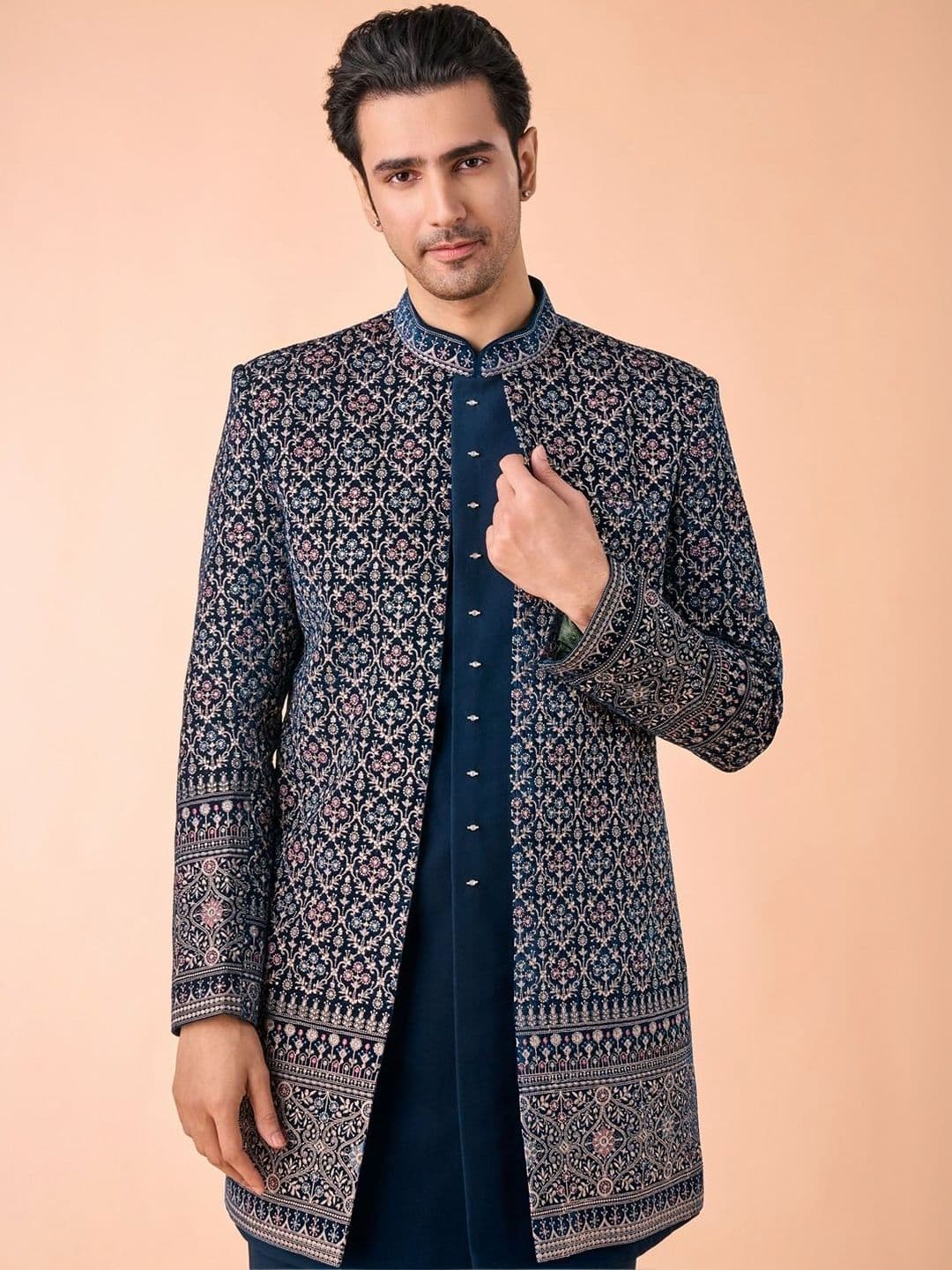 Manyavar Men Embroidered Mandarin Collar Sherwani - view 1