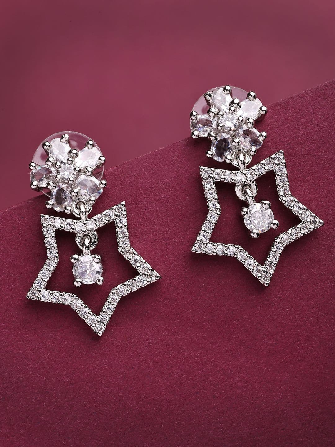 ZENEME Rhodium Plated American Diamond Studded Star Shaped Drop Earrings - view 1