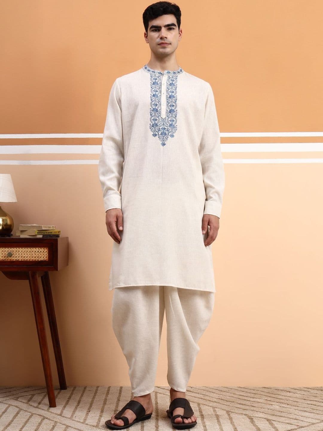 House of Pataudi Embroidered Organic Cotton Mandarin Collar Neck Straight Kurta - view 1
