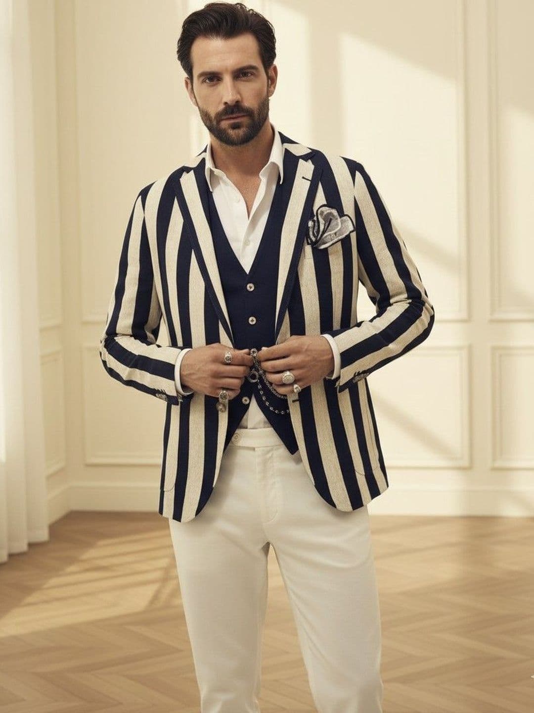 INVICTUS Striped Notched Lapel Long Sleeves Single Breasted Blazer - view 1