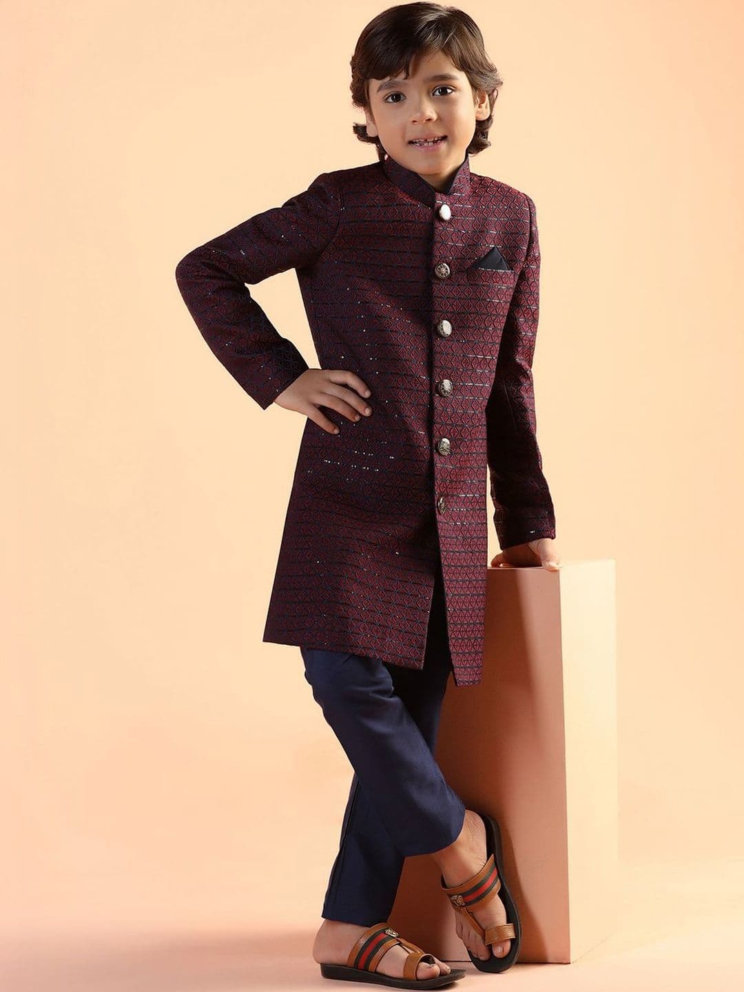 KISAH Boys Maroon Embroidered Indowestern Sherwani Pyjama Set - view 1
