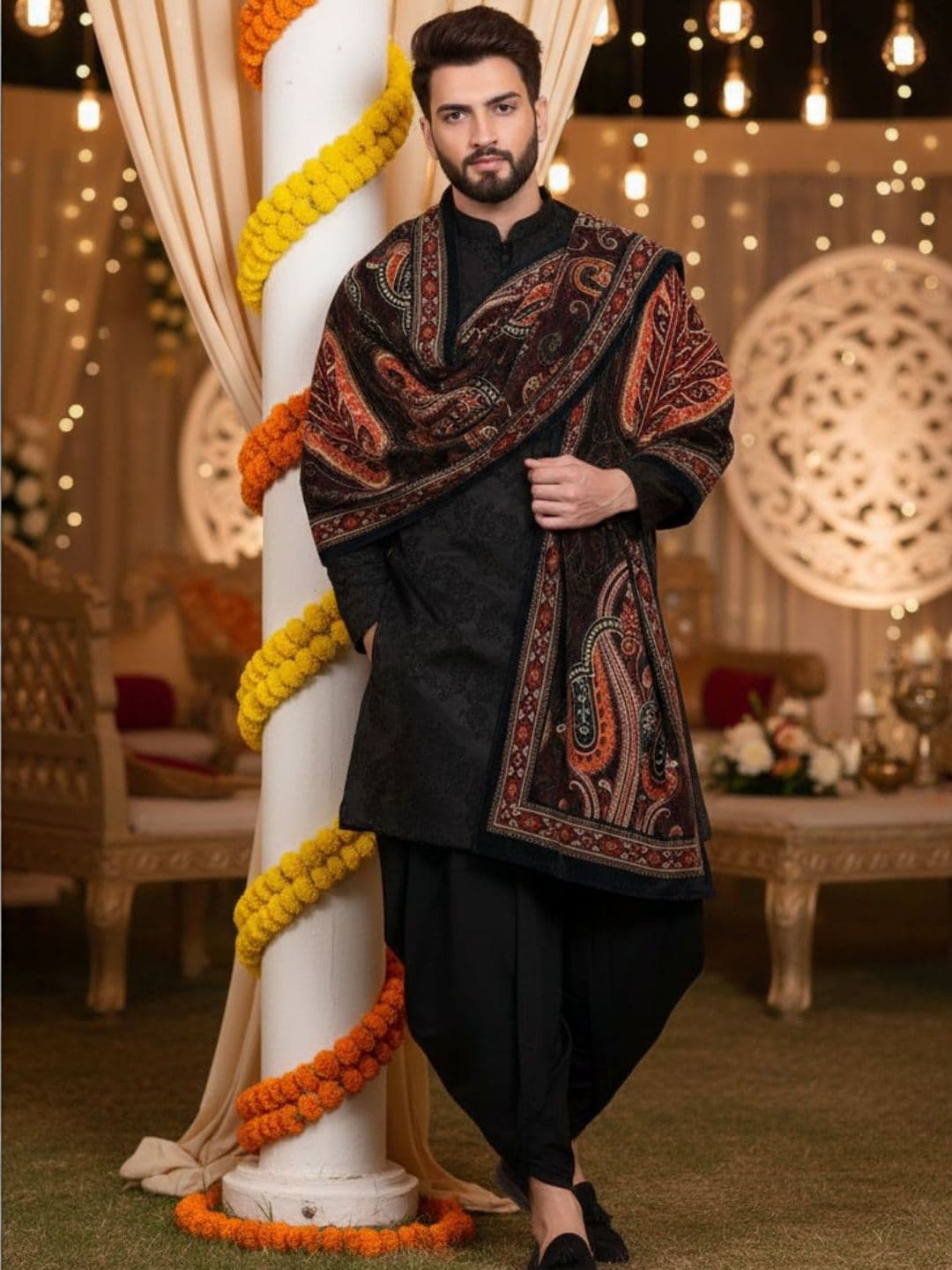 KISAH Men Floral Indowestern Sherwani Dhoti Set with Dupatta - view 1