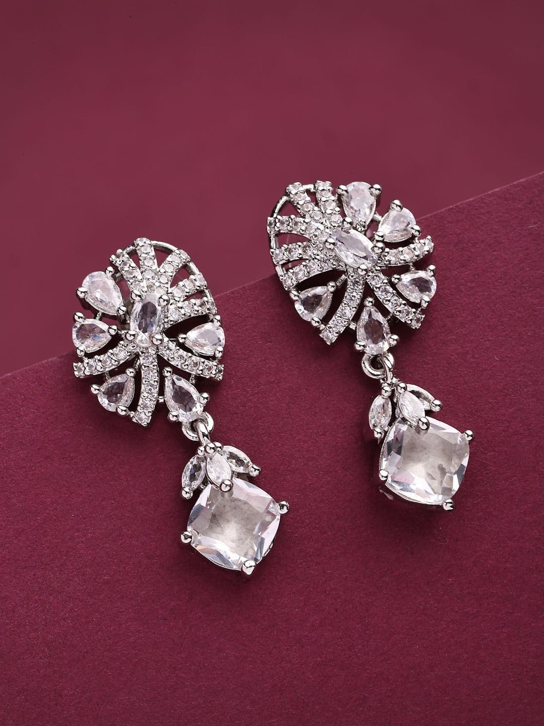 ZENEME Rhodium Plated American Diamond Studded Floral Shaped Drop Earrings - view 1