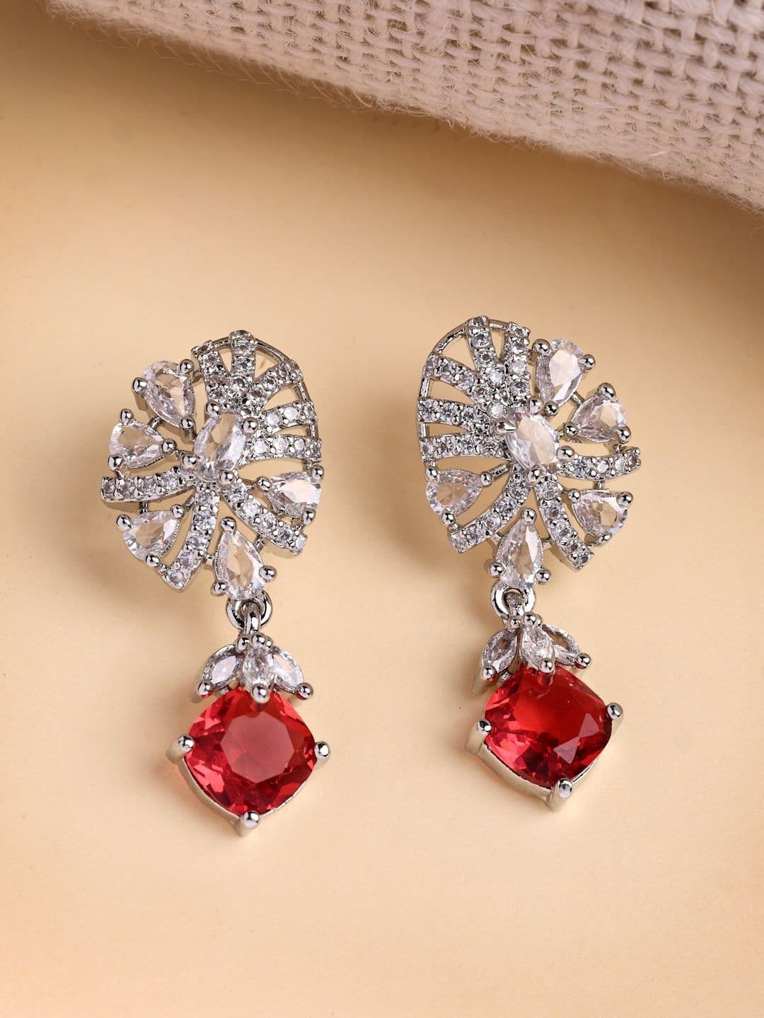 ZENEME Rhodium Plated American Diamond Studded Floral Shaped Drop Earrings - view 1