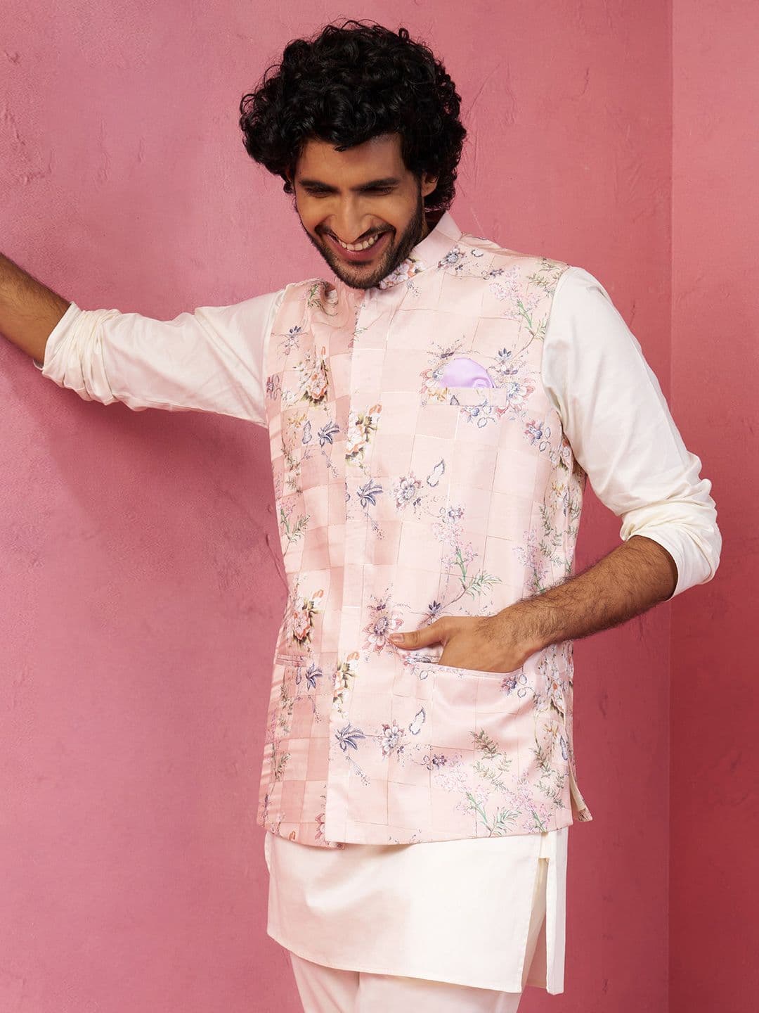 VASTRAMAY Men Peach Solid Cotton Blend Nehru Jacket - view 1