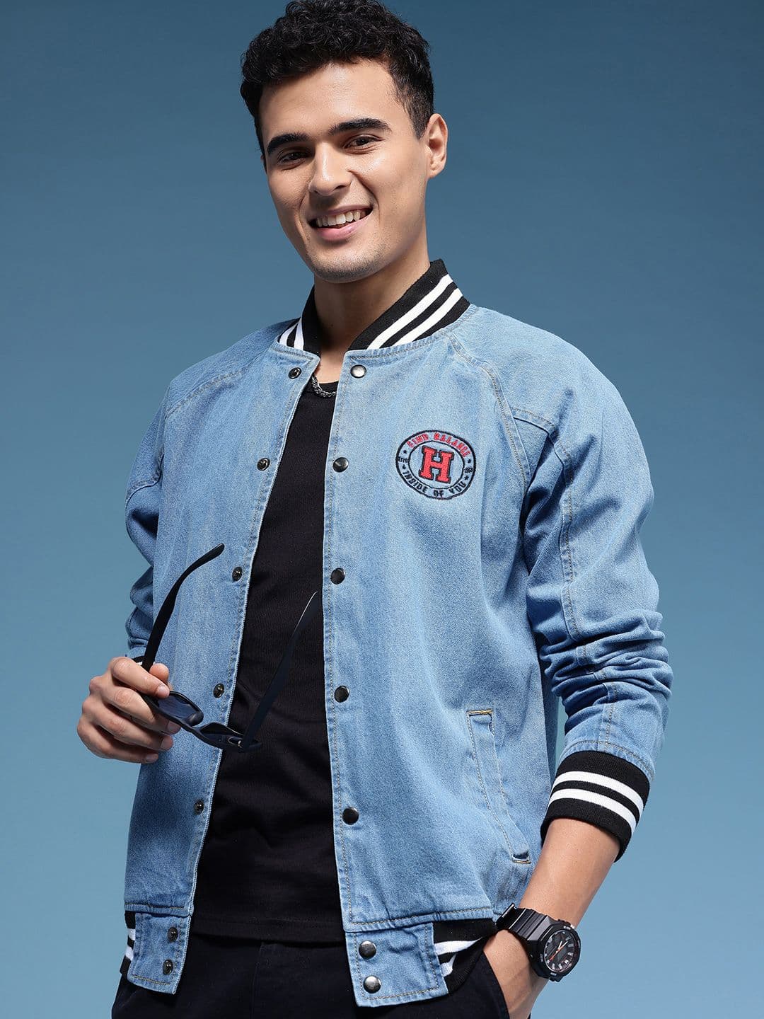 HERE&NOW Embroidered Pure Cotton Denim Bomber Jacket - view 1