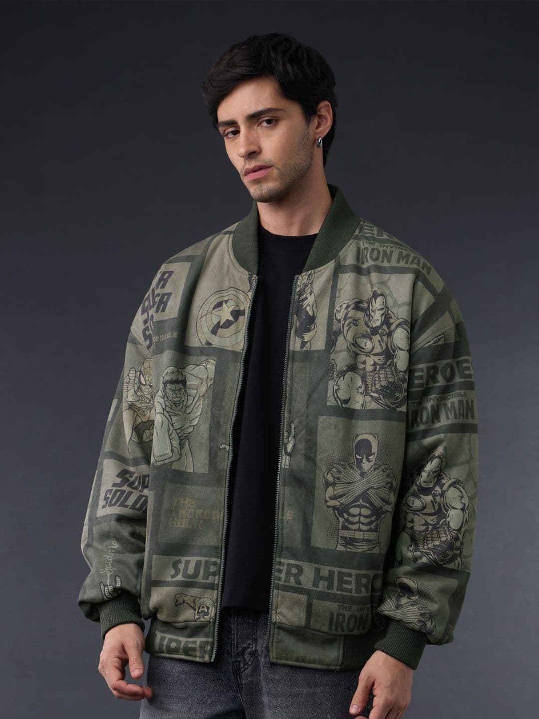 The Souled Store Men Regular Fit Marvel Printed Green Bomber Jackets - view 1