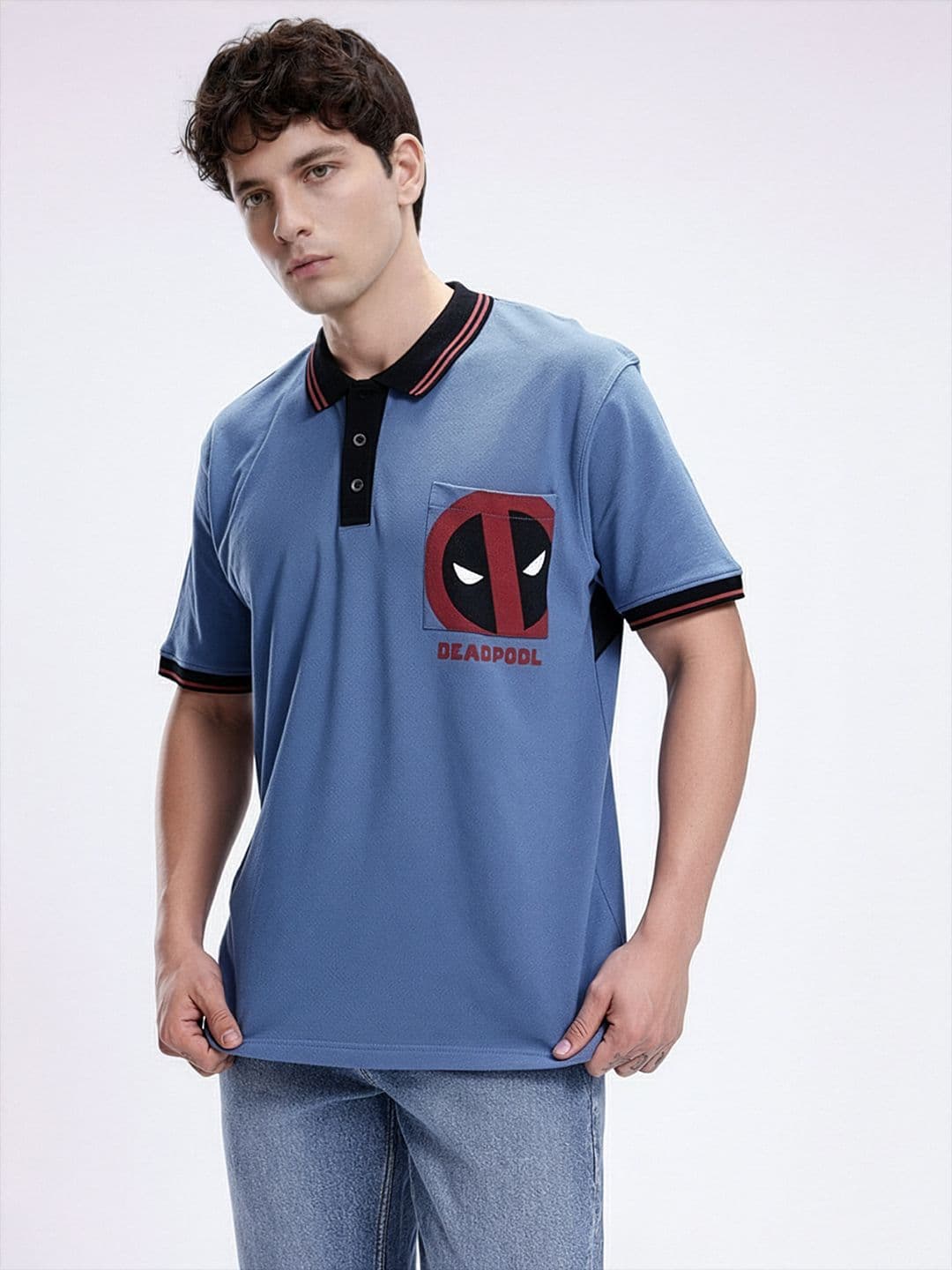 Kook N Keech Marvel Dead Pool Printed Oversized Polo Collar T-shirt - view 1
