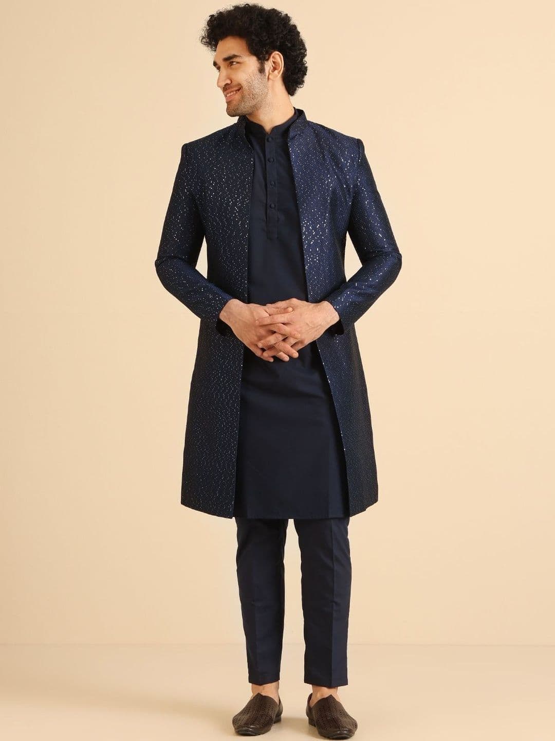 KISAH Men Navy Blue Embellished Indowestern Sherwani Trouser Set Ethnic Wear - view 1