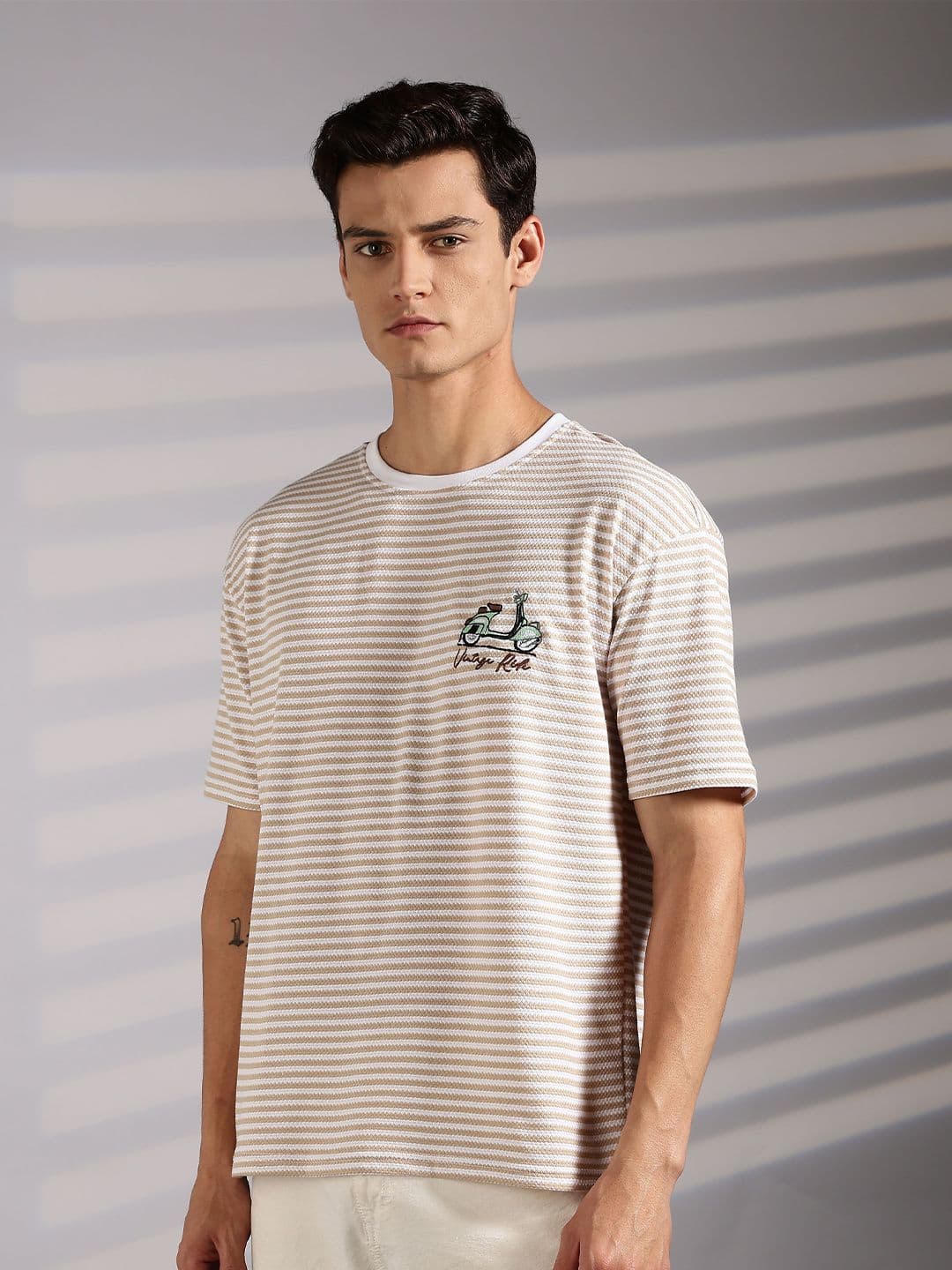 Eszett Drop Shoulder Vintage Ride Cream Striped Embroidered Cotton Round Neck Oversized Fit T-shirt - view 1