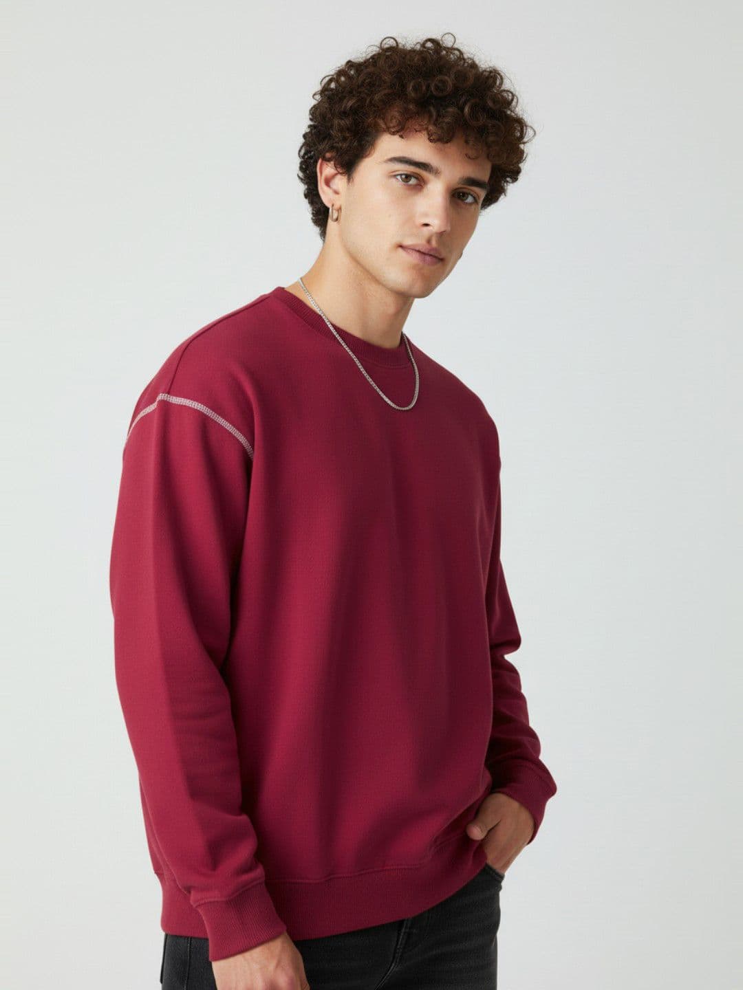 glitchez Round Neck Oversized Fleece Sweatshirt with Contrast Stitching - view 1