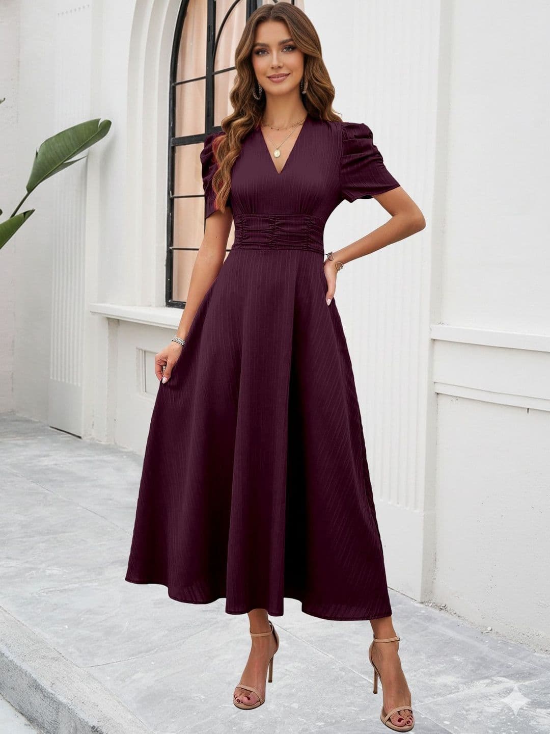 Sugathari Puff Sleeve Fit & Flare Midi Dress - view 1