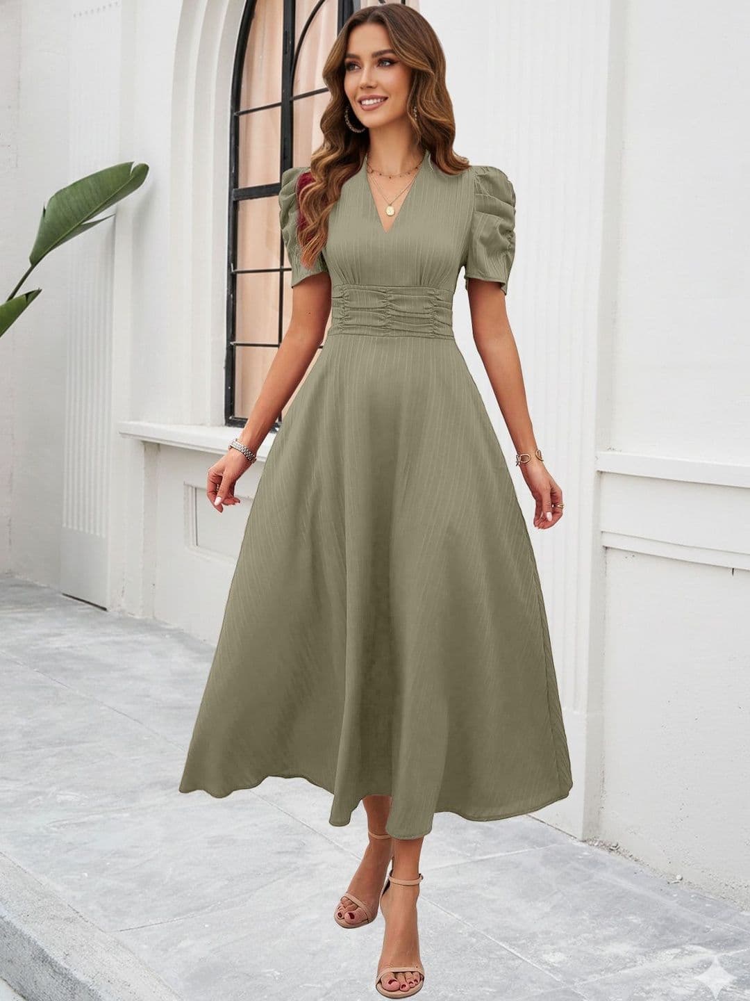 Sugathari Puff Sleeve Fit & Flare Midi Dress - view 1
