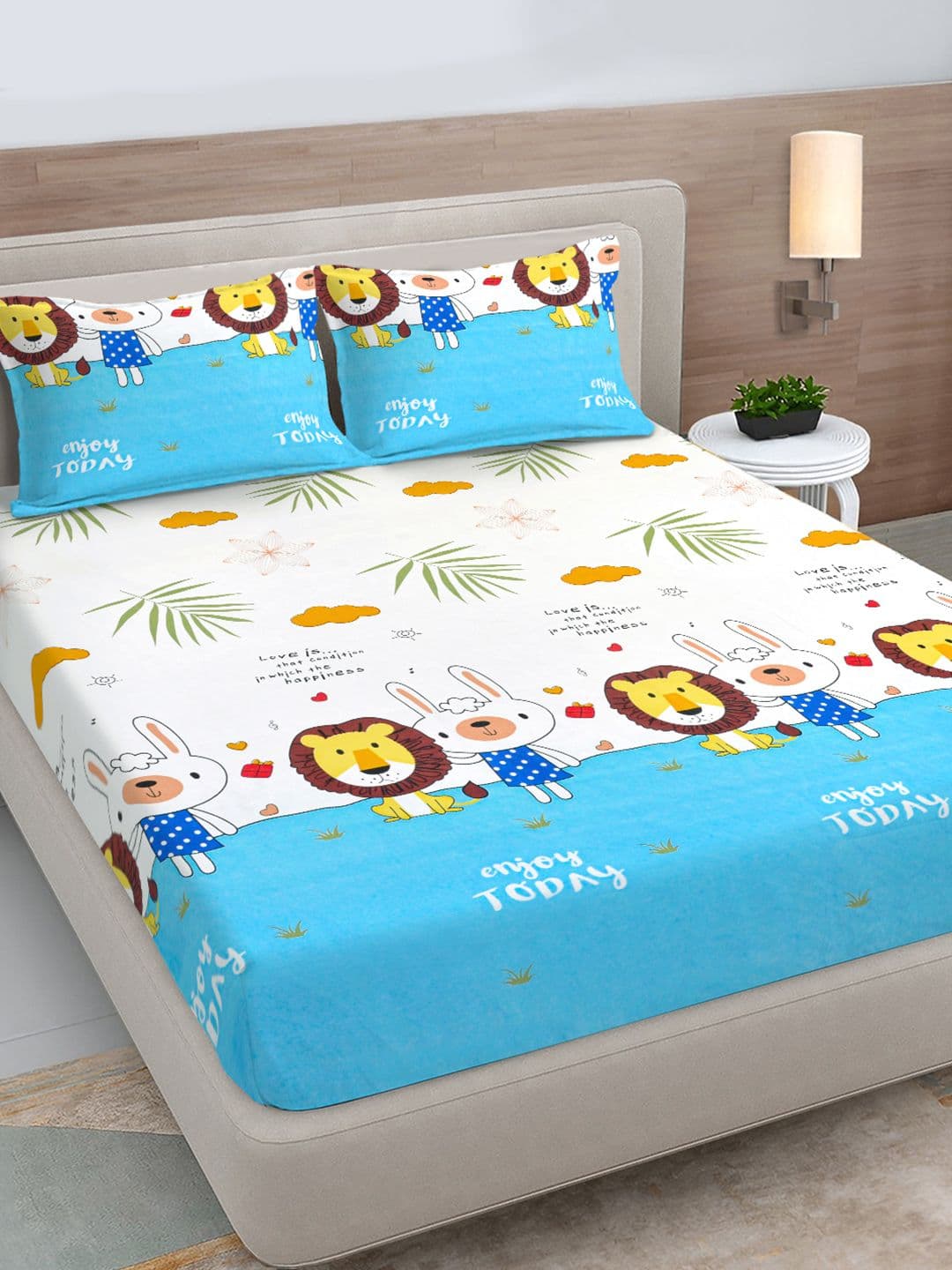 FABINALIV White Cartoon Print Polycotton 300 TC King Bedsheet with 2 Pillow Covers - view 1
