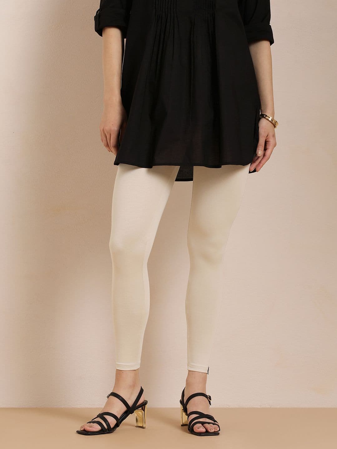 TWIN BIRDS Women Off-White Solid Ankle-Length Leggings - view 1