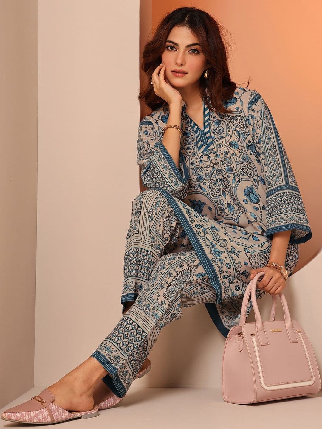 Libas Printed Mandarin Collared Tunic With Trousers Co-Ords - view 1