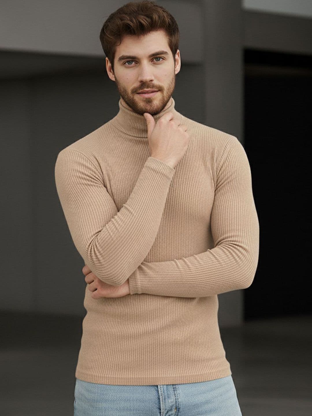 Moda Rapido Men Ribbed Turtle Neck Slim Fit Long Sleeves T-shirt - view 1