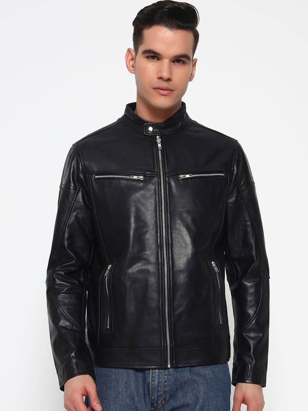 MaheTri Men Stand Collar Solid Lightweight Biker Jacket - view 1