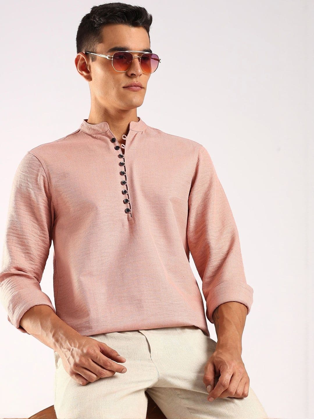 HERE&NOW Men Cotton Mandarin Collar Short Kurtas - view 1