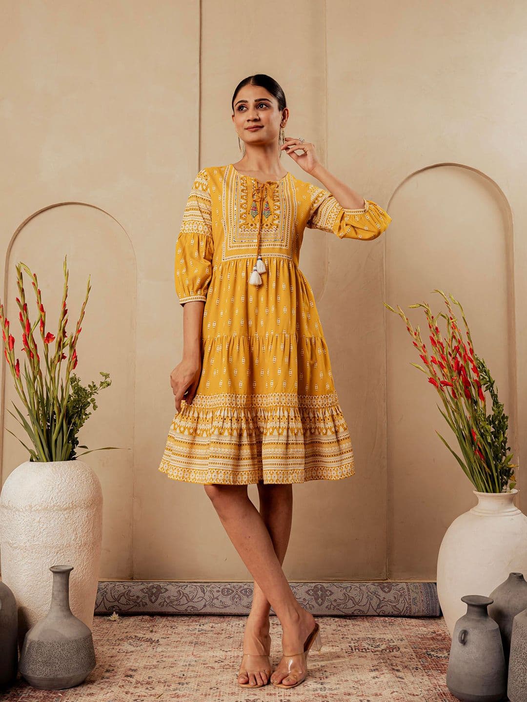 Juniper Women Ethnic Motifs Printed Tie-Up Neck Tiered Fit & Flare Dress - view 1