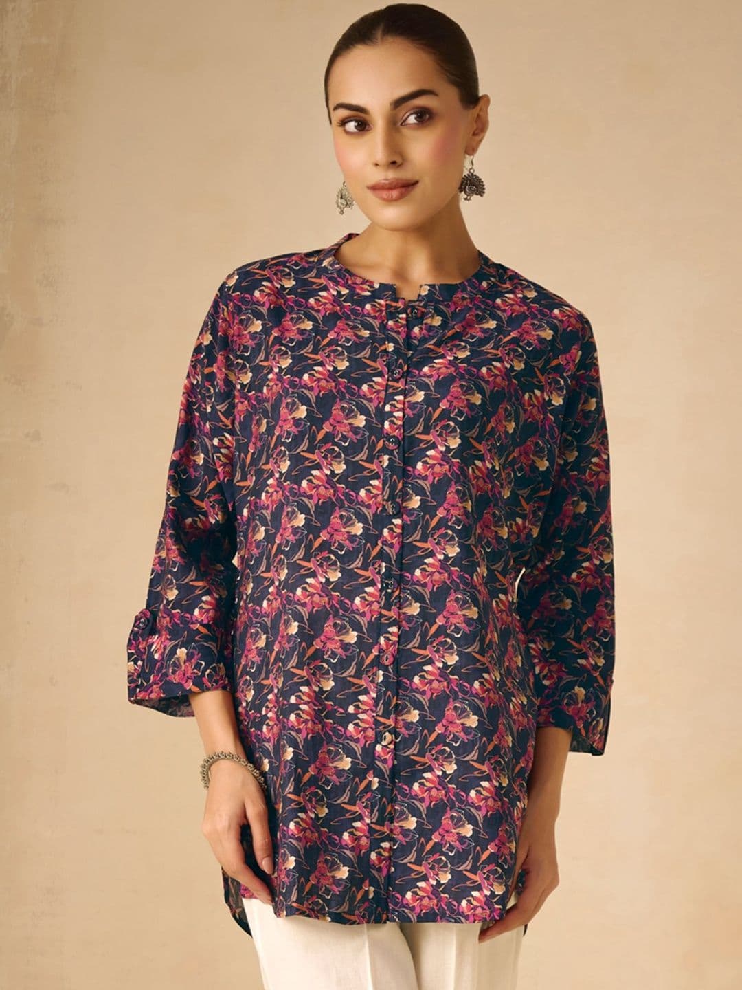 WOMEN PLUS Women Mandarin Collar Floral Printed Tunic - view 1