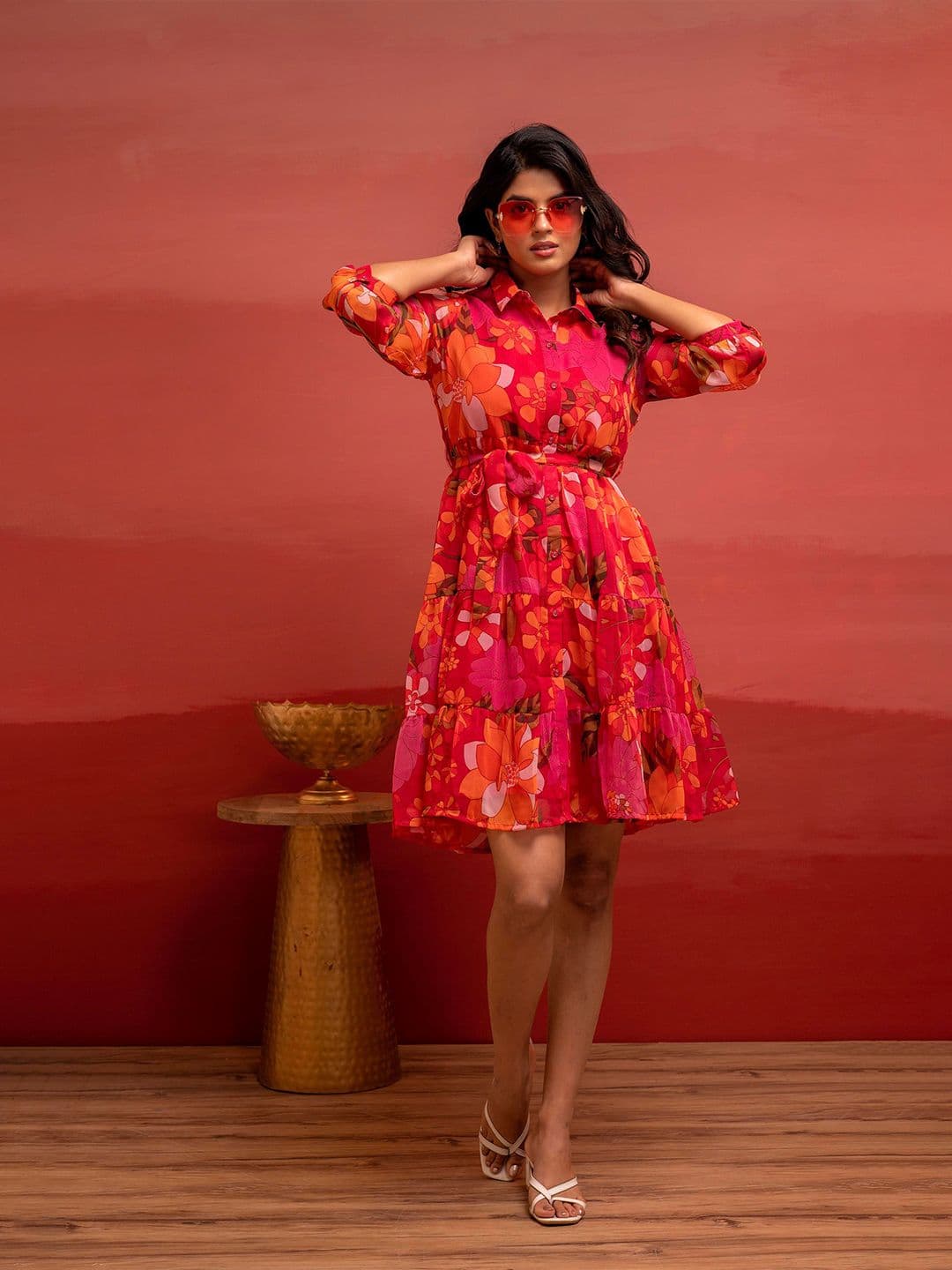 Juniper Women Floral Printed Shirt Collar Tiered Shirt Dress with Belt - view 1