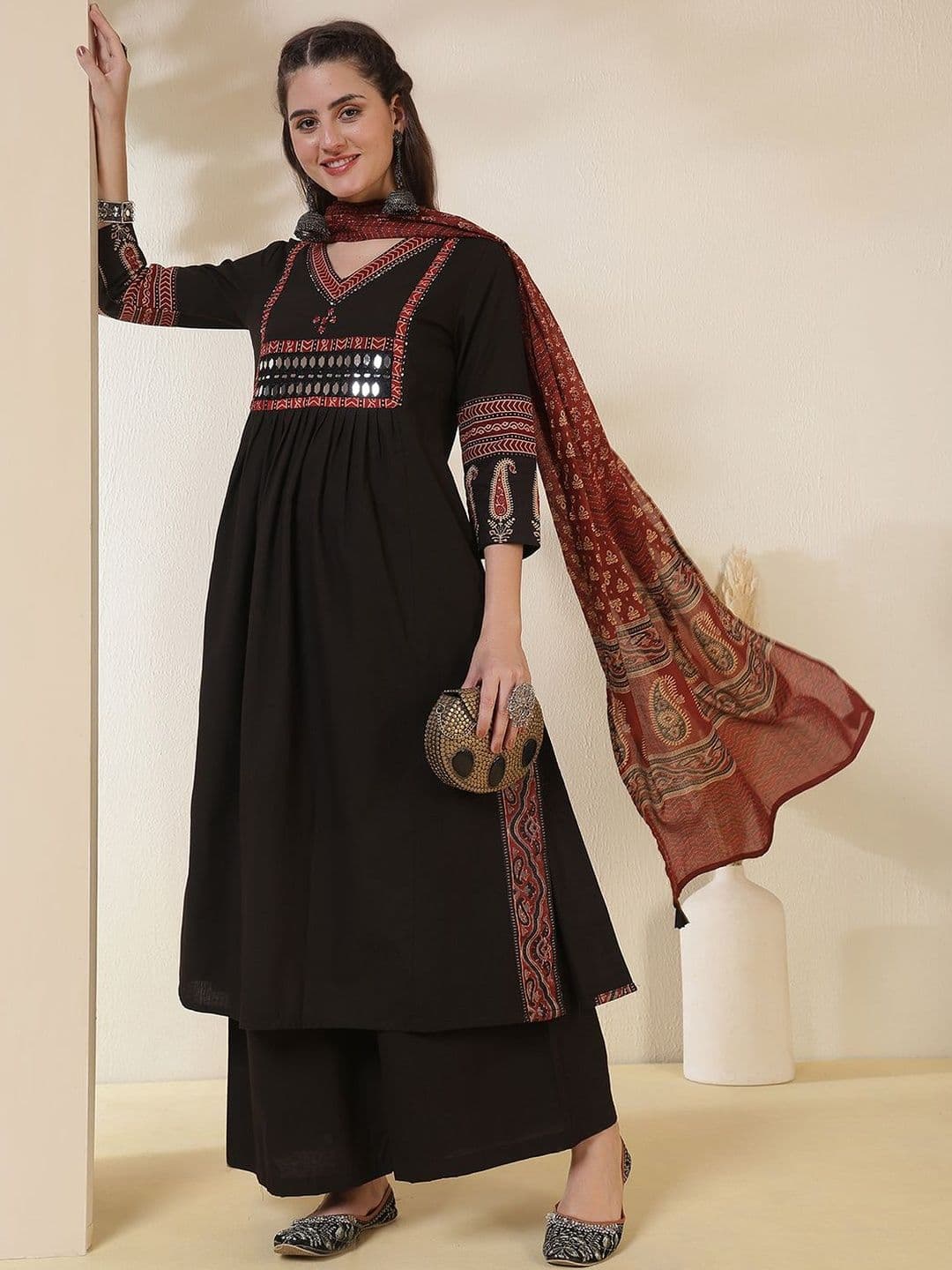 KIMAYRA Ethnic Motifs Printed V-Neck Mirror Work A-Line Kurta With Palazzos & Dupatta - view 1
