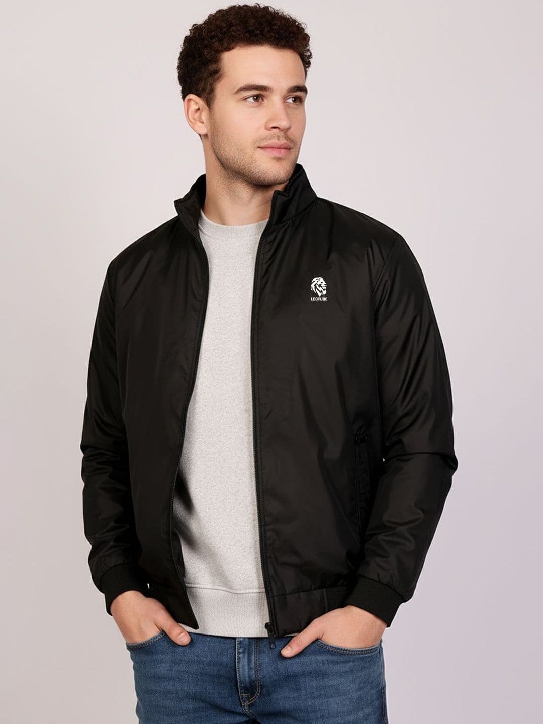Leotude Men Mock Collar Solid Windcheater Bomber Jacket - view 1