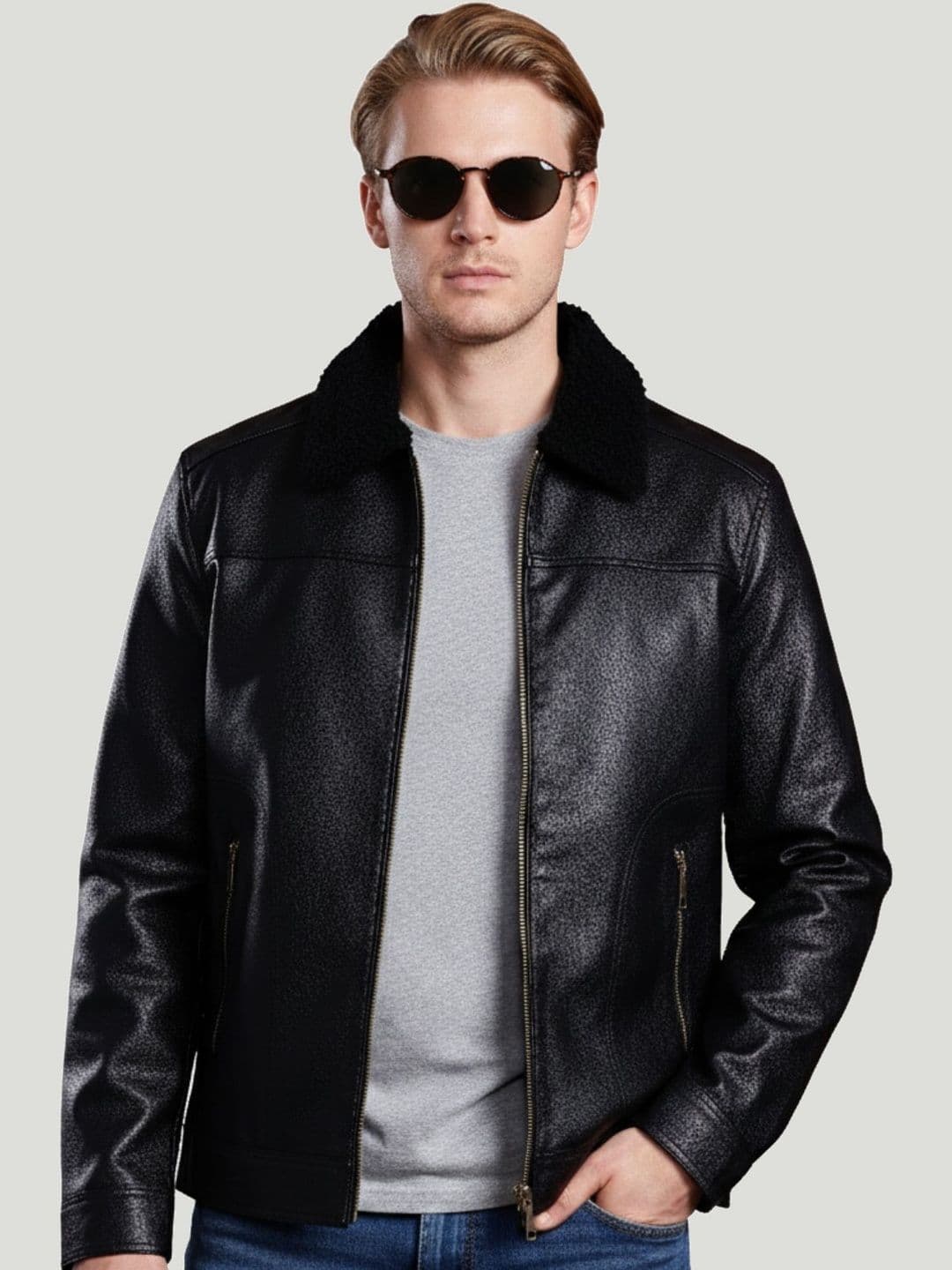 Leather Retail Men Spread Collar Solid Lightweight Biker Jacket - view 1