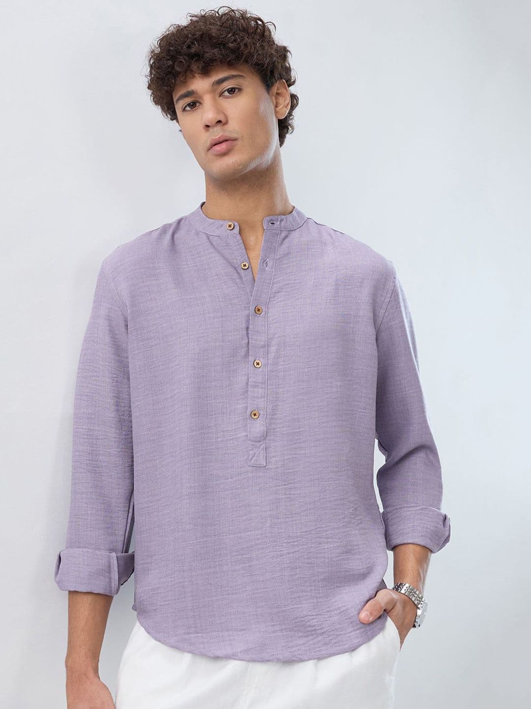 HERE&NOW Band Collar Roll-Up Sleeves Straight Kurta - view 1