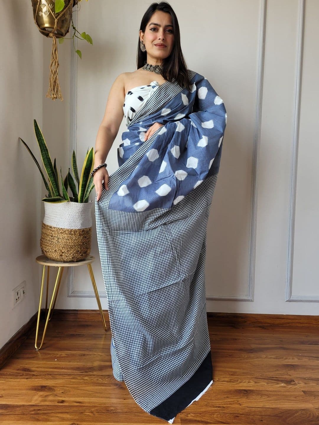 Moda Rapido Polka Dot Printed Pure Cotton Ikat Saree - view 1