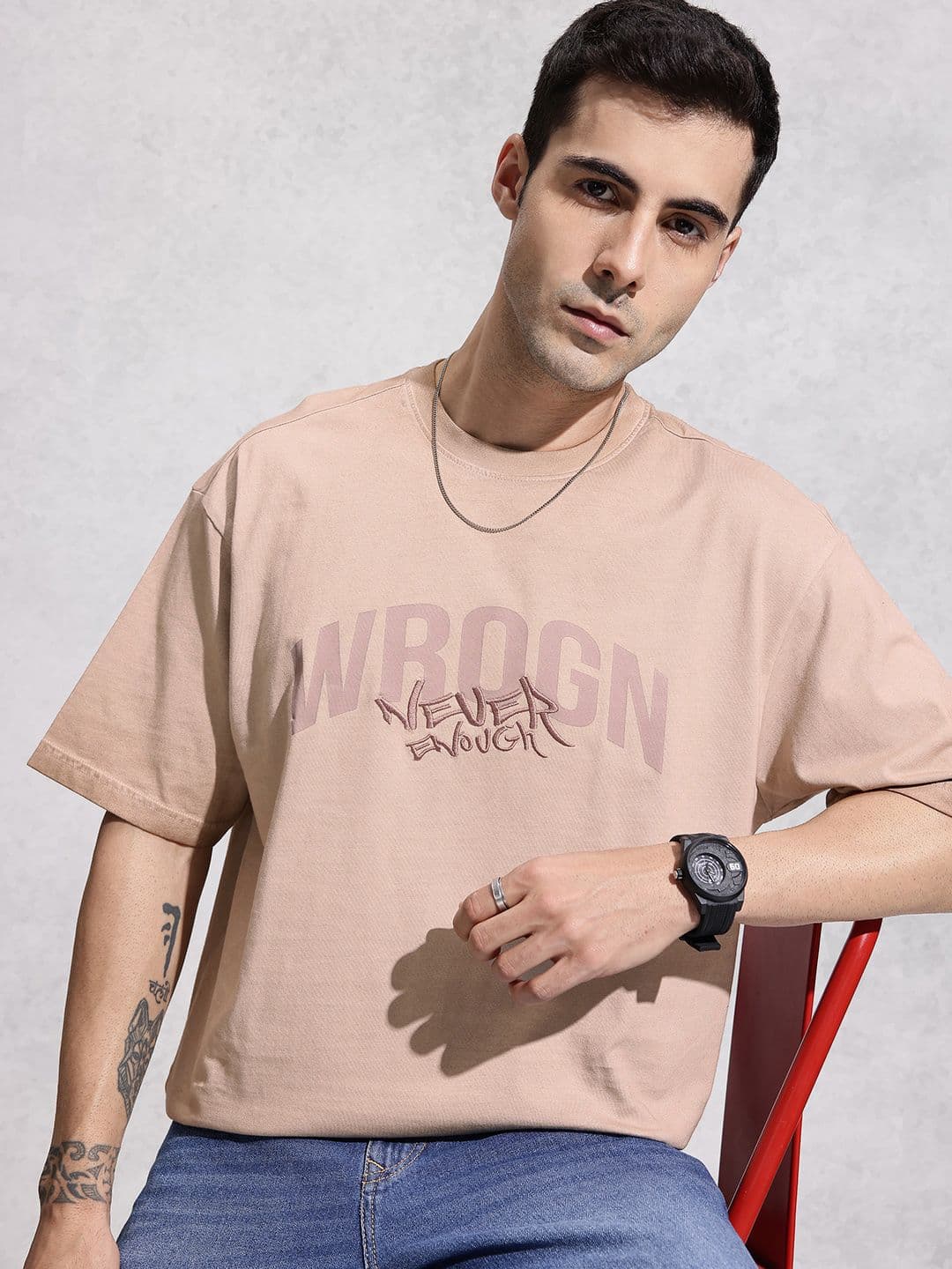 WROGN Brand Logo Printed Drop-Shoulder Sleeves Pure Cotton T-shirt - view 1