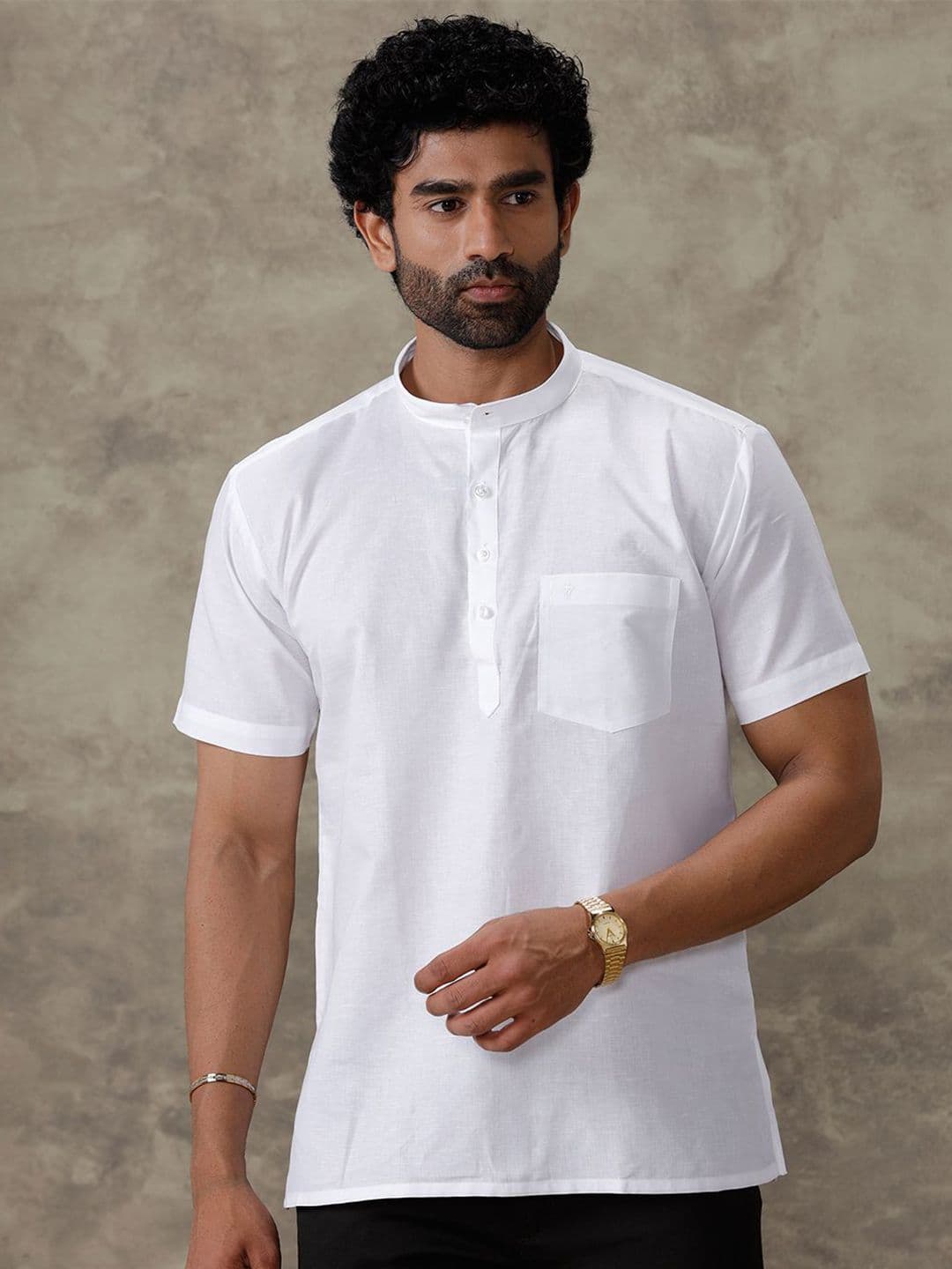 Ramraj Band Collar Short Sleeves Linen Cotton Straight Kurta - view 1