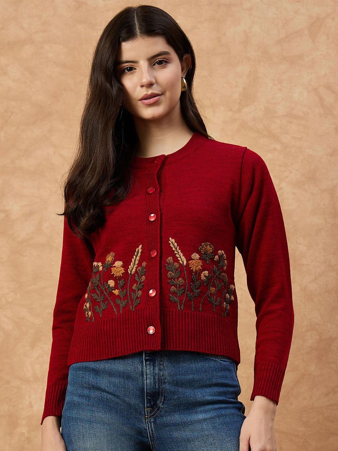 Chemistry Women Floral Embroidered Round Neck Ribbed Cardigan Sweater - view 1