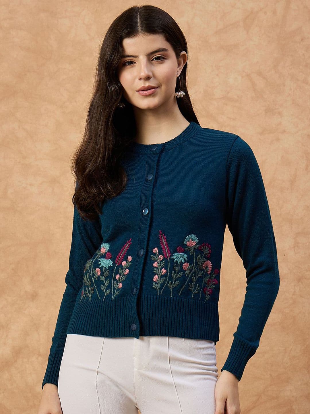 Chemistry Women Peacock Knitted Floral Embroidered Round Neck Full Sleeve Woollen Cardigan - view 1