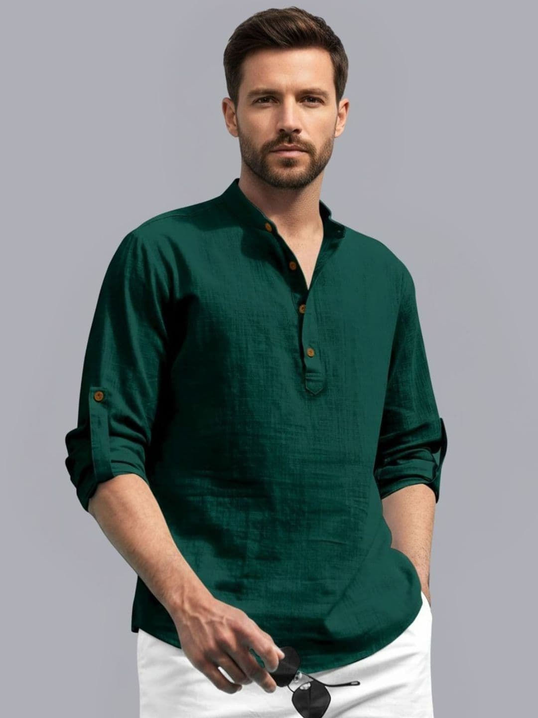 Zee Gold Men Mandarin Collar Roll-Up Sleeves Cotton Straight Kurta - view 1